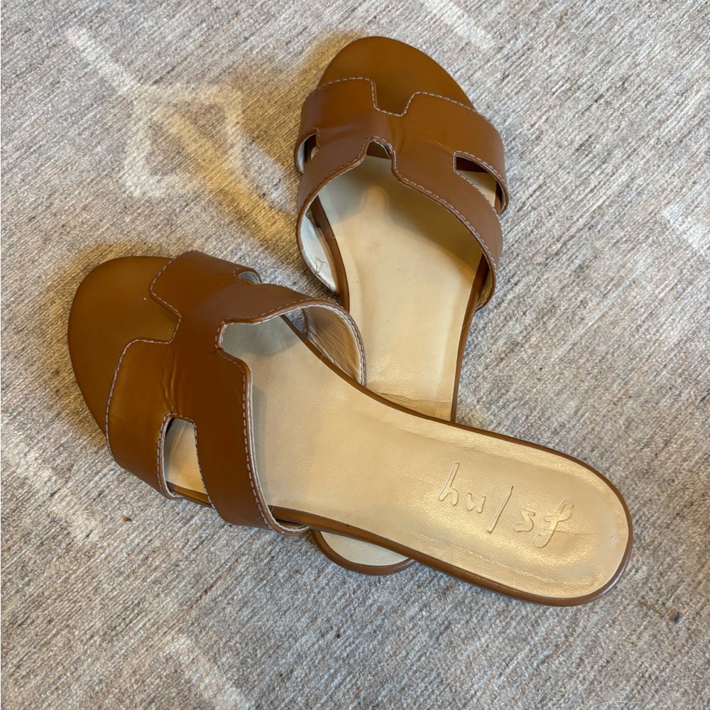 French Sole Tan Leather Slide Sandals
